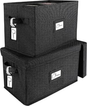 Set van 2 zwarte vinyl opbergdozen met deksel voor 7 en 12 inch LP's, geschikt voor maximaal 160 albums, met handvatten