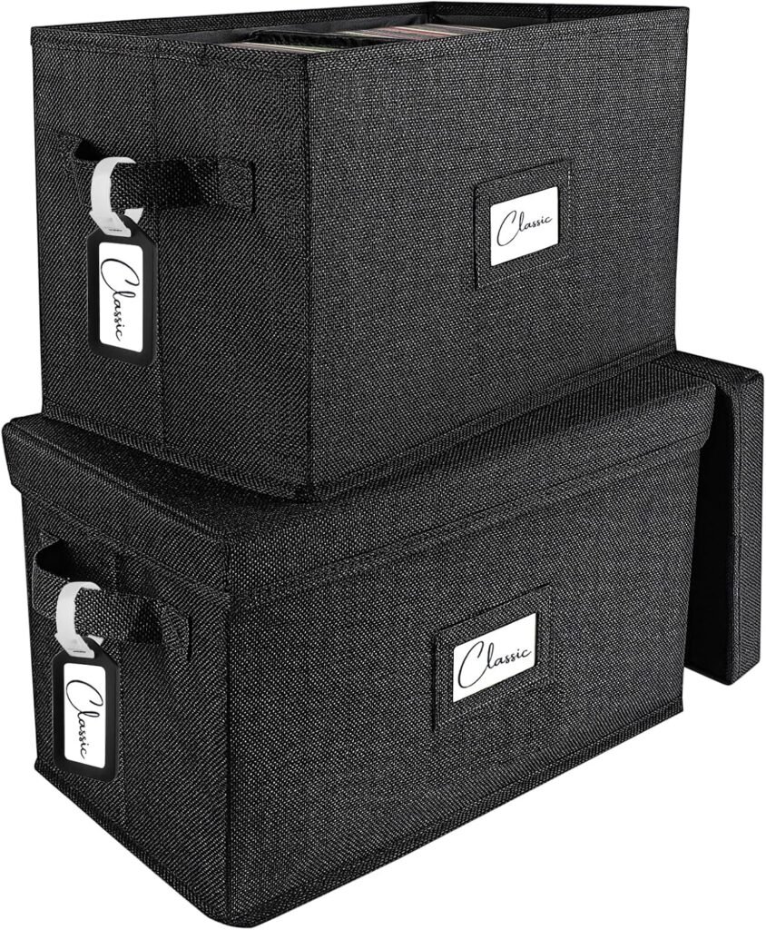Set van 2 zwarte vinyl opbergdozen met deksel voor 7 en 12 inch LP's, geschikt voor maximaal 160 albums, met handvatten