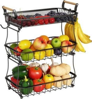 Zwarte 3-laagse fruitmand met 2 bananenhangertjes en metalen mesh mand