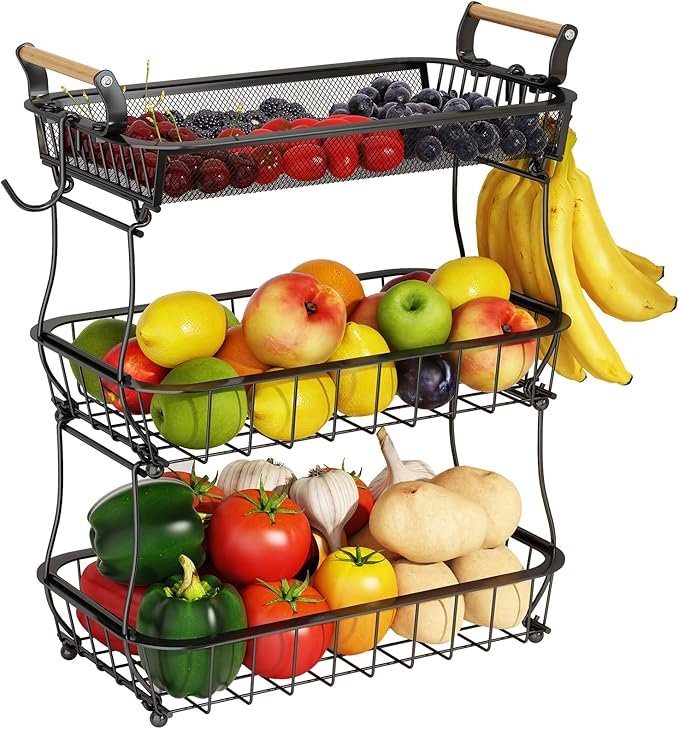 Zwarte 3-laagse fruitmand met 2 bananenhangertjes en metalen mesh mand