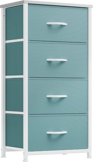 Groene ladekast met 4 stoffen lades, stalen frame en houten bovenblad