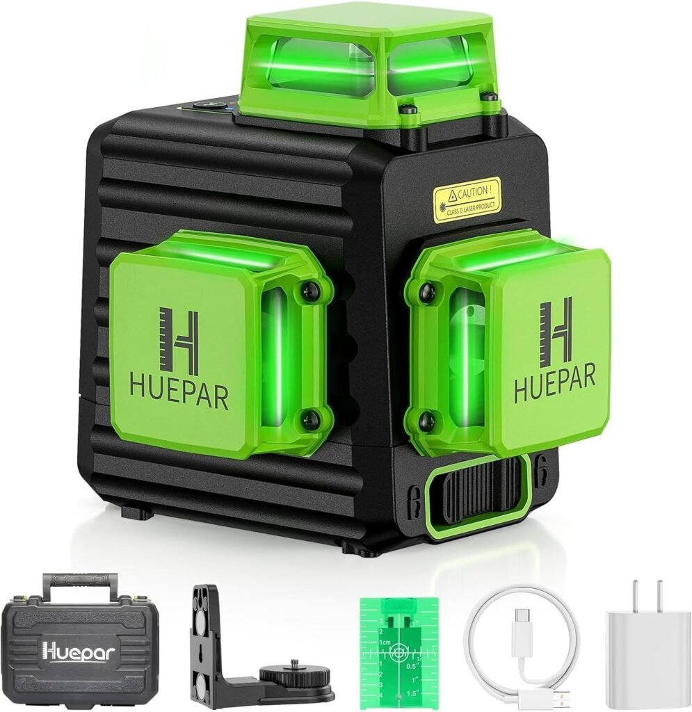 Groene 3 x 360° kruislijnlaser met Li-ion accu en zelfnivellerende laserlijnen in hardcase
