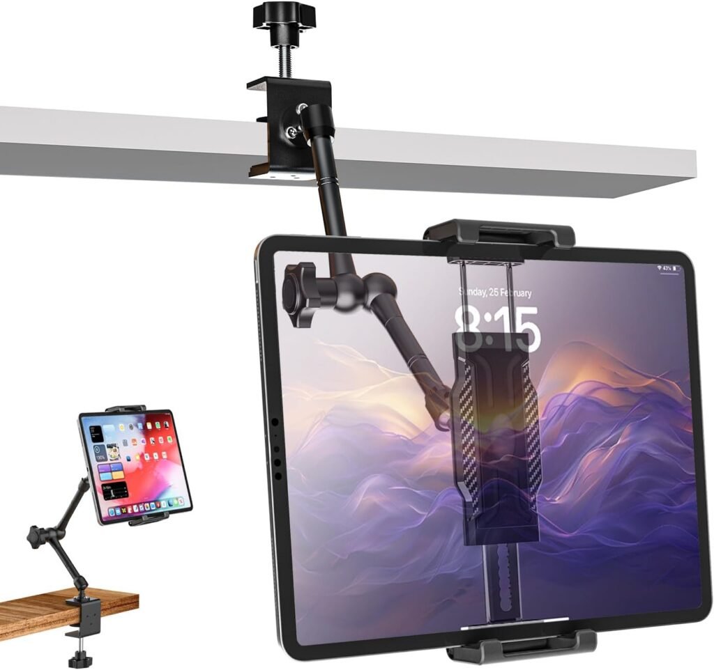 Tablet houder met klem, verstelbare metalen arm voor bureau en keukenkast, geschikt voor tablets van 6 tot 14,6 inch