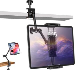 Tablet Houder met Klem – Verstelbare Metalen Arm voor Bureau en Keukenkast – Tafel- en Plankbevestiging – 6-14,6 Inch