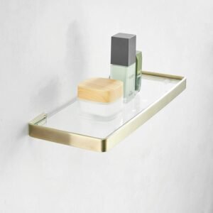 Glazen Wandplank voor Badkamer 45 cm – Zwevende Badkamerplank – Gehard Glas met Geborsteld Goud – Ruimtebesparende Opbergplank