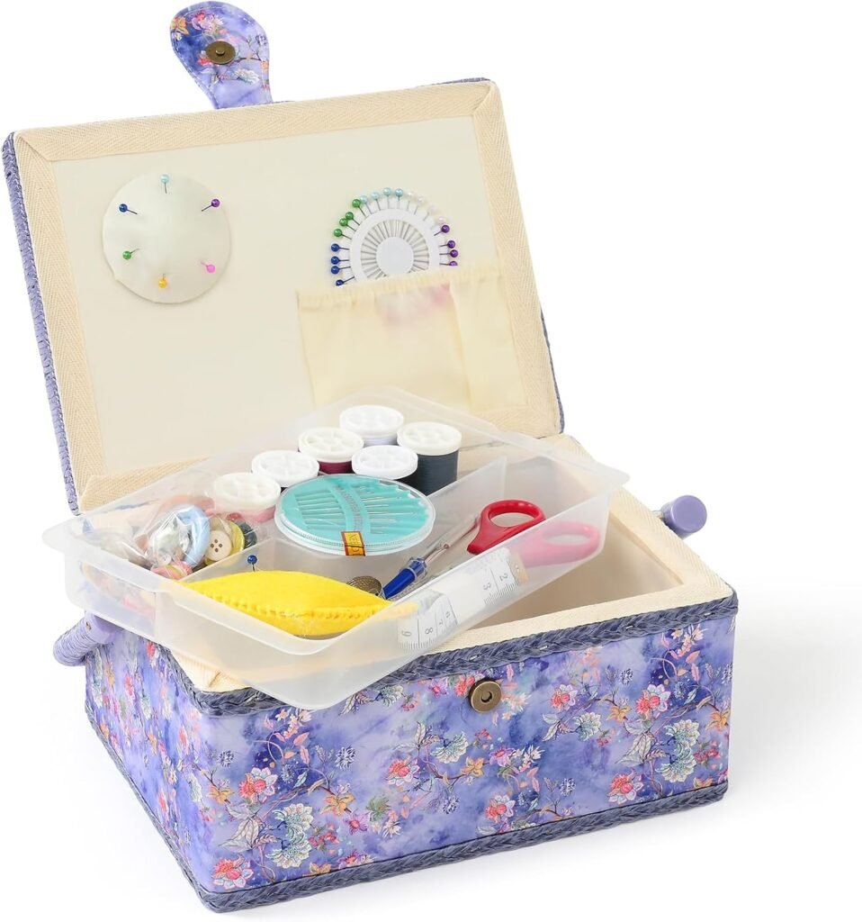Paarse-blauwe naaimand met accessoires en inzetbak 24,5 x 18 x 12 cm