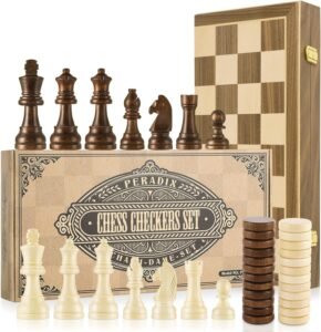 2-in-1 Schaak- en Damspel – Houten Schaakset met Magnetische Figuren – Vouwbaar Schaakbord – 39 x 39 cm