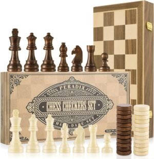 2-in-1 schaak- en damspel van walnoothout met magnetische schaakstukken en vouwbaar bord 39x39 cm