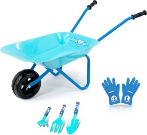 Kinderkruiwagen Metaal – 5-Delige Tuinset – Met Schep, Hark, Vork & Tuinhandschoenen – Blauw