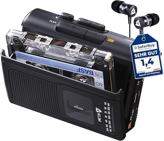 Cassette speler en recorder met AM/FM-radio, ingebouwde speaker, microfoon en koptelefoonaansluiting inclusief koptelefoon