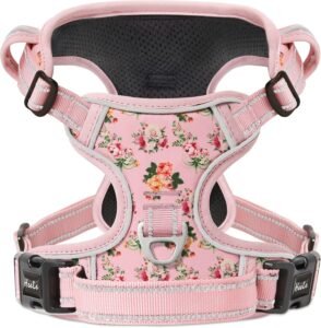 Hondenharnas met Bloemenprint – Verstelbaar No-Pull Hondentuig met Handvat – Reflecterend Hondenvest voor Training en Wandelen – Roze, Maat L