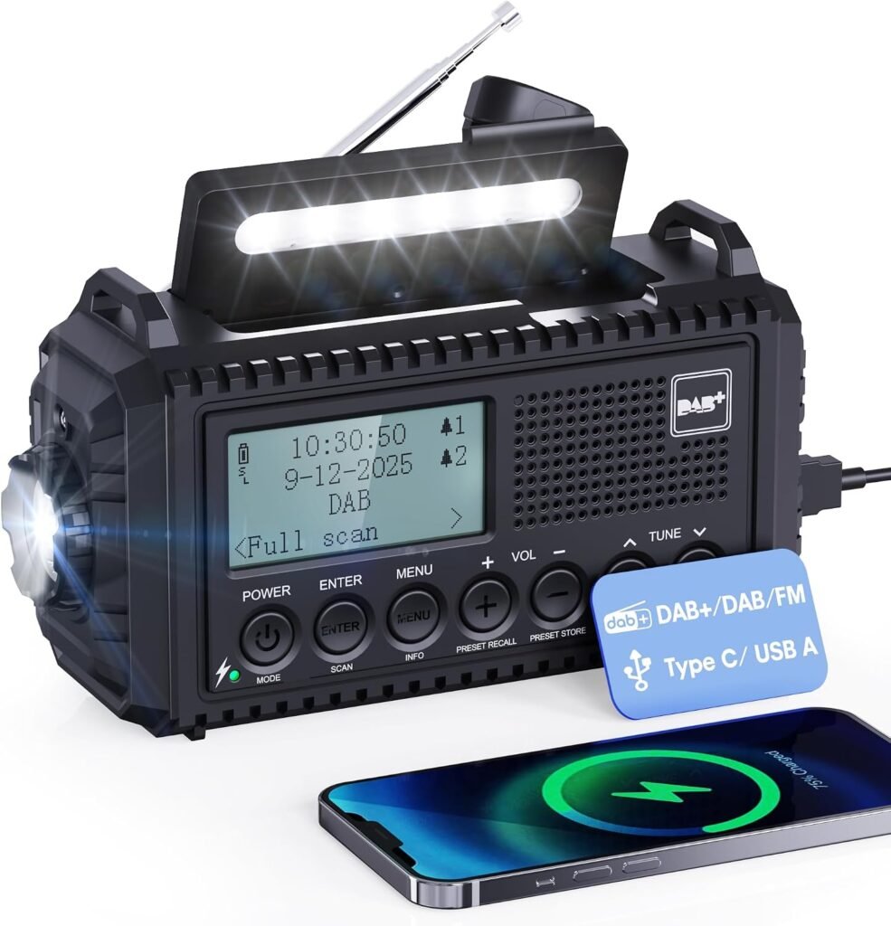 Draagbare DAB+ FM noodradio met 5000mAh batterij, solar opladen, LED zaklamp, leeslamp, SOS alarm en powerbank, IPX4 waterbestendig