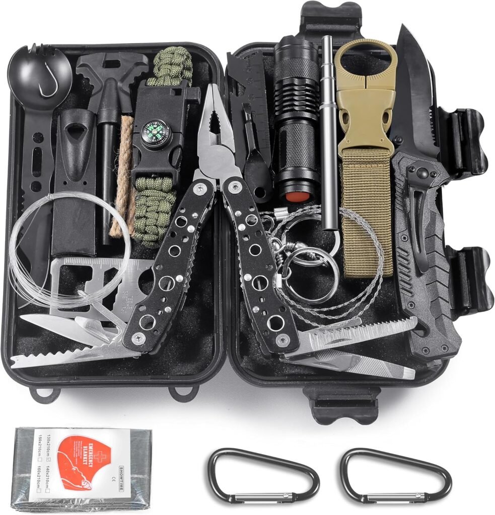 Survival kit 14-in-1 met zaklamp, multitool, vuursteen en nooddeken voor kamperen en outdoor gebruik