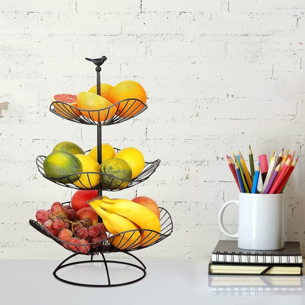 3-Laagse Fruittoren Zwart - Metalen Fruitmand Voor Fruit En Groenten - Fruitstand Met 3 Opbergbakken - 31 x 25 x 20 cm
