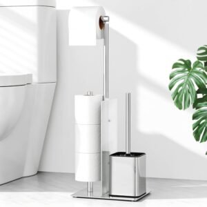 Toiletrolhouder met WC Borstel – Vrijstaande Toiletset met Glazen Plank – RVS Toiletaccessoire – Zonder Boren