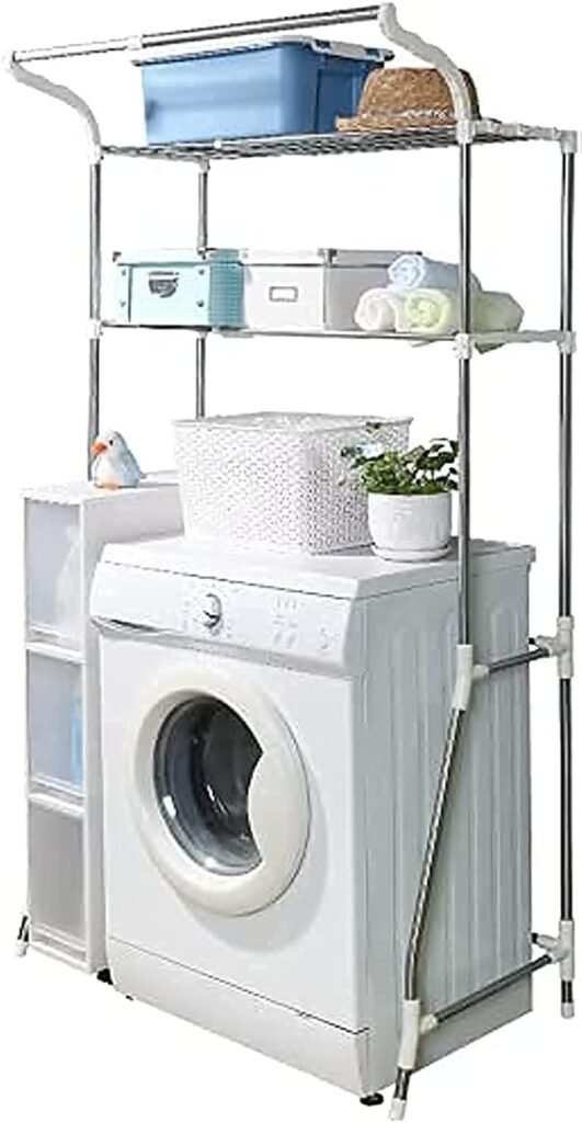 Opbergplank boven wasmachine met 2 planken, hangstang en verstelbare breedte in ivoor