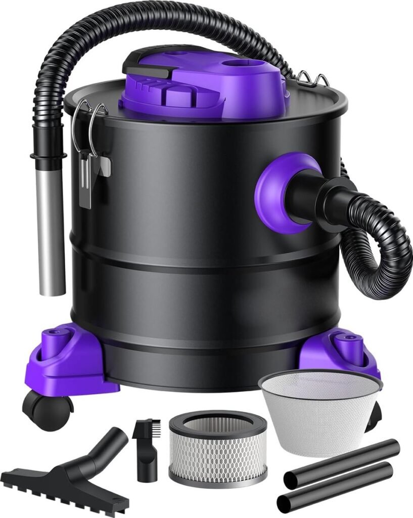 Paarse asstofzuiger van 20 liter en 1200W met rolbasis voor haard, pelletgrill, oven en kachel