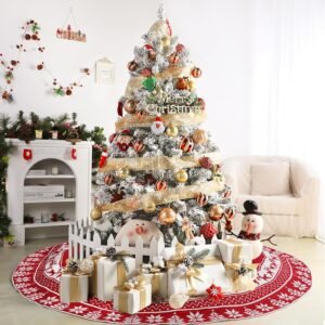 Kerstboomrok 120 cm Rond – Rood Kerstboomkleed met Rendieren en Sneeuwvlokken – Gebreide Kerstboommat – Kerstdecoratie