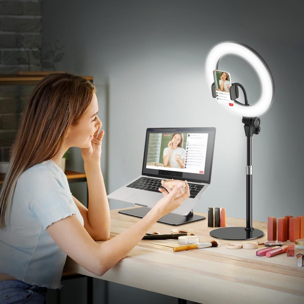Ring light met statief en telefoonhouder voor streaming en videoconferentie