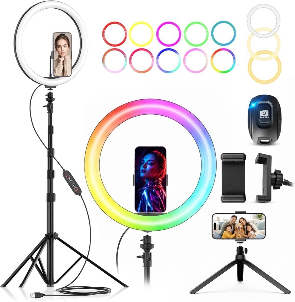 Ringlamp 12 inch met statief en telefoonhouder, 26 RGB-modi en 8 helderheidsniveaus voor livestreaming en make-up
