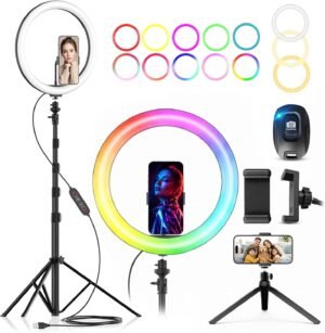 Ringlamp 12 inch met statief en telefoonhouder, 26 RGB-modi en 8 helderheidsniveaus voor livestreaming en make-up