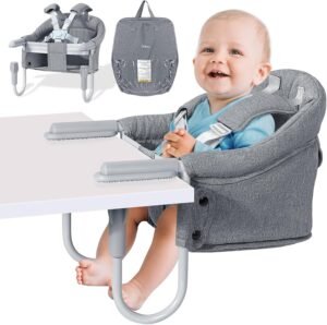 Baby Tafelstoel – Kinderstoel met 5-Puntsgordel – Extra Vulling voor Comfort – Klassiek Grijs voor Thuis en Op Reis