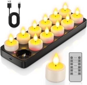 Oplaadbare LED Theelichtjes Set van 12 – Flikkerende Elektrische Kaarsen – Met Timer en Afstandsbediening – Inclusief Oplaadstation