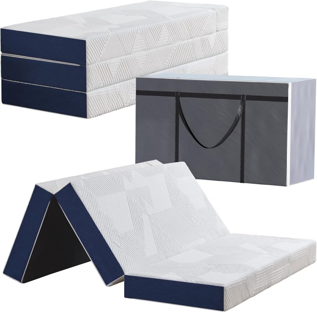 Opvouwbare 4-delige matras 120x195x15 cm met afneembare hoes, wit en blauw
