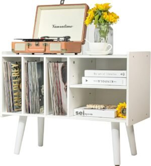 Wit houten vinyl platenrek met opbergruimte en platenhouder voor platenspeler, draagvermogen tot 136 kg