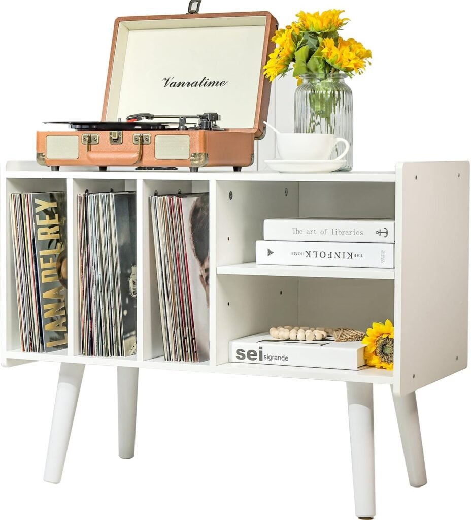 Wit houten vinyl platenrek met opbergruimte en platenhouder voor platenspeler, draagvermogen tot 136 kg