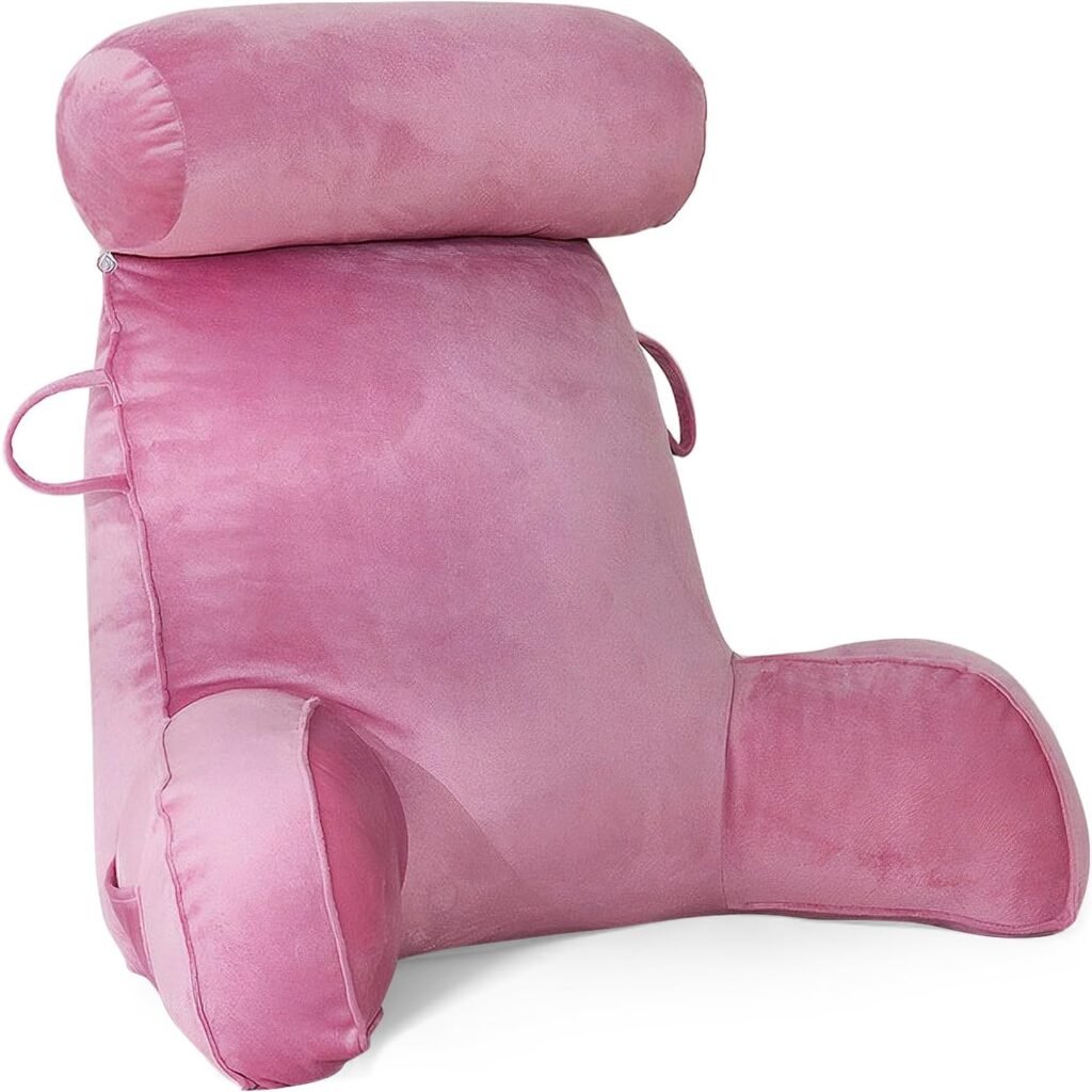 XL leeskussen met traagschuim rugsteun en afneembare nekrol voor bed en bank, 65 x 75 cm, roze