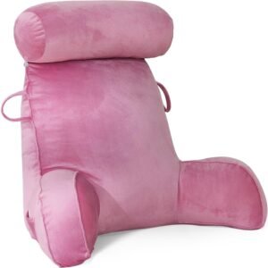 XL leeskussen met traagschuim rugsteun en afneembare nekrol voor bed en bank, 65 x 75 cm, roze