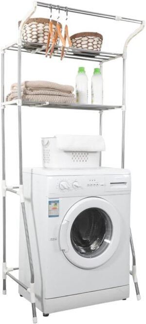 3-laags wasruimte rek met kledinghanger, verstelbaar opbergrek voor boven wasmachine of toilet, ivoor