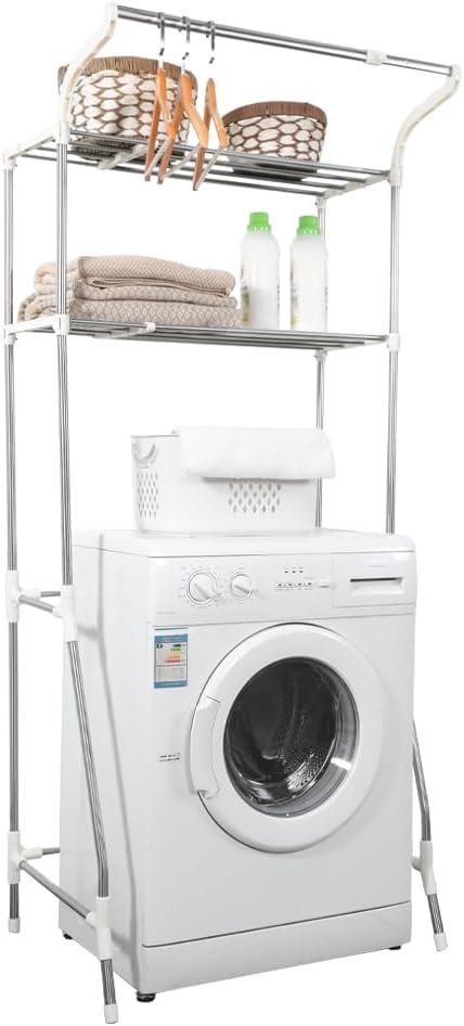 3-laags wasruimte rek met kledinghanger, verstelbaar opbergrek voor boven wasmachine of toilet, ivoor