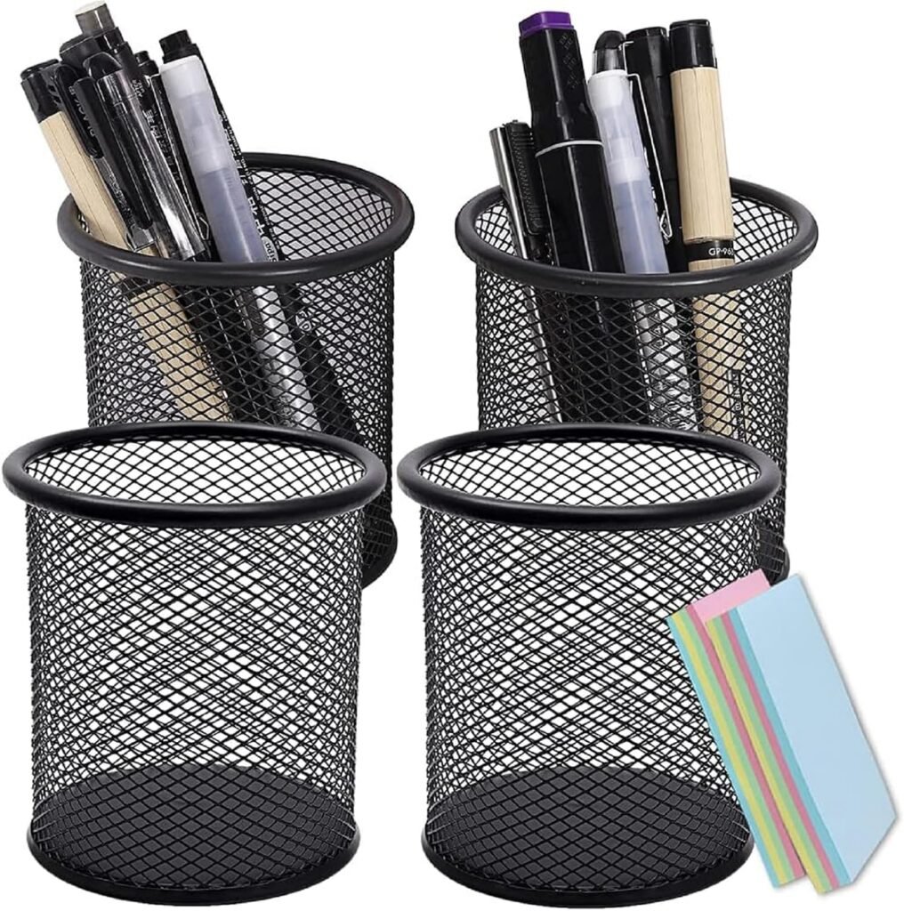 Zilveren penhouder set van 4 stuks, ronde bureau organizer voor kantoor en klaslokaal