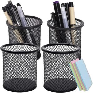 Penhouder Set van 4 – Ronde Bureau Organizer voor Pennen – Zilveren Pennenhouders voor Kantoor en Klaslokaal – Voor Kinderen en Volwassenen