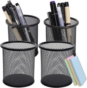 Zilveren penhouder set van 4 stuks, ronde bureau organizer voor kantoor en klaslokaal