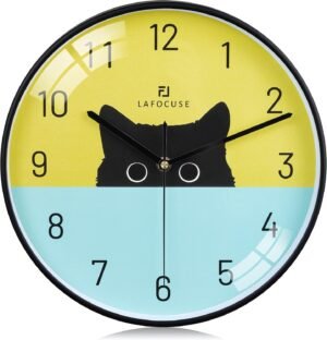 Stille zwarte wandklok 30 cm met kattenmotief en niet-tikkend quartz uurwerk