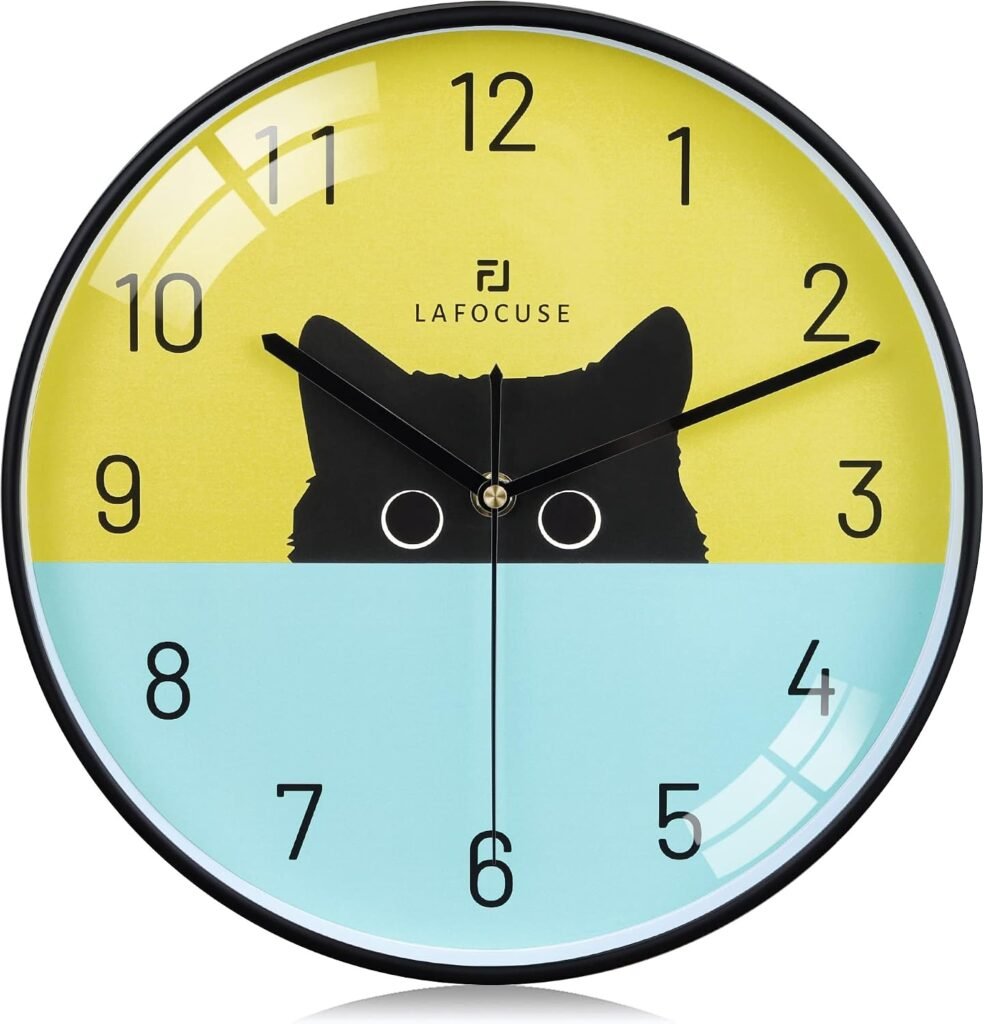 Stille zwarte wandklok 30 cm met kattenmotief en niet-tikkend quartz uurwerk