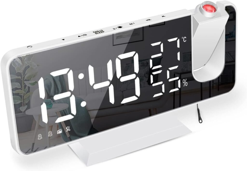 Digitale projectiewekker met 7,5 inch spiegelscherm en FM radio, wit