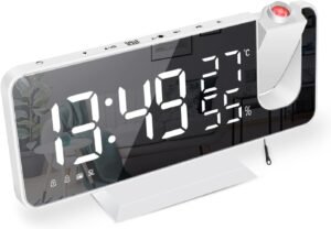 Digitale Projectiewekker met 7,5 inch Display – Spiegelwekker met FM Radio en Dubbel Alarm – Snooze en Automatische Dimming – USB Oplaadpoort
