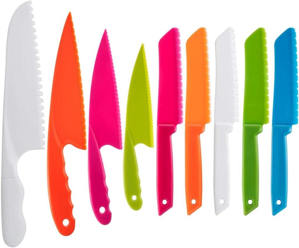 9-delige kinder keukenmessenset van nylon voor veilig snijden en bakken, geschikt voor fruit, brood, taart en salade