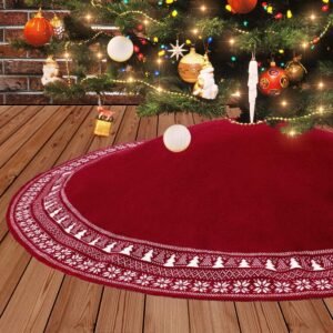 Kerstboomkleed 122 cm – Kabelgebreid met sneeuwvlokpatroon – Rustieke kerstboommat – Bordeauxrood