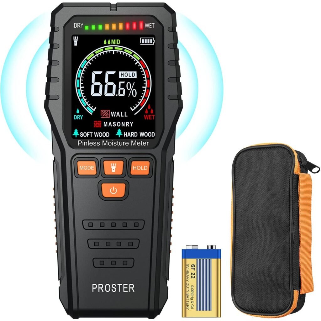 Vochtmeter zonder pin met LCD scherm voor niet-destructieve vochtmeting tot 19 mm diep in muren, hout, metselwerk en gipsplaat