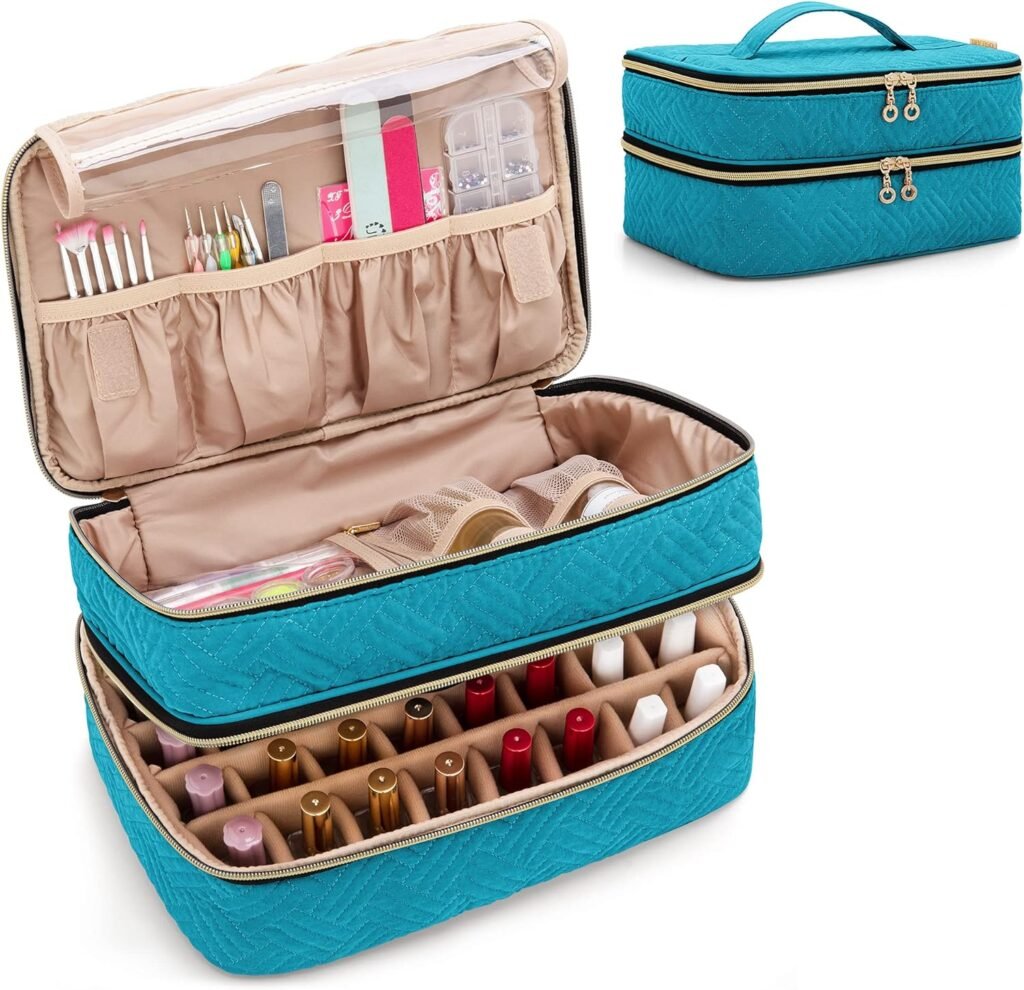 Nagellak organizer tas met twee lagen voor 40 flesjes, manicure tool opbergvakken in teal kleur