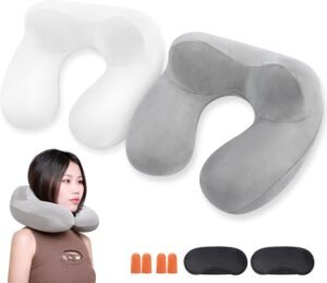 Opblaasbaar Reiskussen met Slaapmasker – Neksteunkussen voor Reizen – Lichtgewicht en Draagbaar – Neusondersteuning
