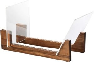 Vinyl record houder van hout met opbergrek voor 50 LP's, CD's en DVD's in bruin design met transparant acryl