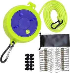 Reiswaslijn 10 Meter – Draagbare Drooglijn voor Camping – Windbestendig en Verstelbaar – Inclusief 20 Wasknijpers en 10 Stoppers