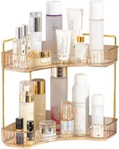 Hoekplank Badkamer 2 Lagen – Badkamer Organizer voor Make-up en Cosmetica – Opbergrek voor Toiletartikelen, Lotions en Parfums – Amber Kleur