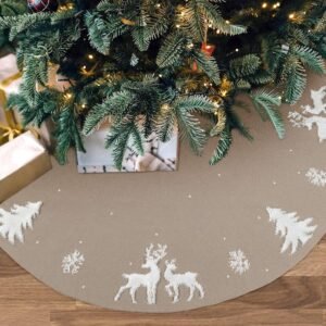 Kerstboom Rok Beige – Kerstboomkleed met 3D Elanden en Sneeuwvlokken – Kerstdecoratie Basisbedekking – Ø48 Inch